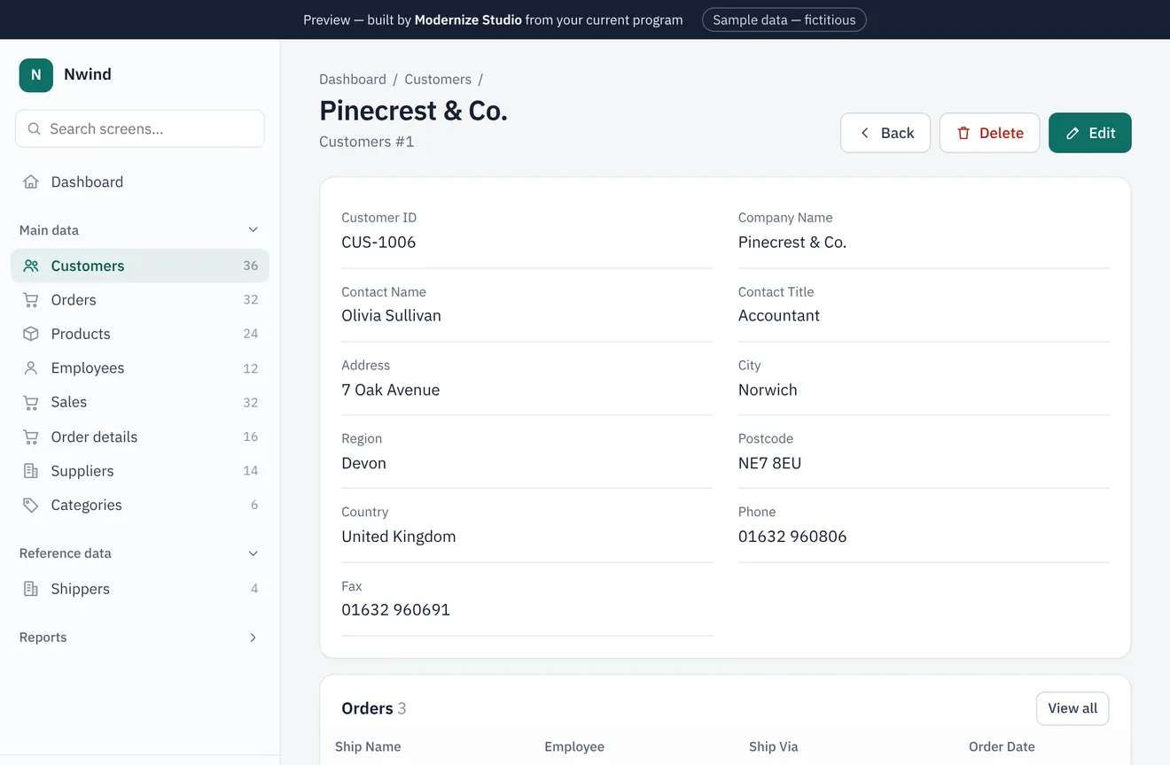 The same customer record in the web version: the eleven fields in two columns, a side menu with Customers, Orders, Products and the other tables, Back, Delete and Edit buttons, and the customer's orders listed underneath.